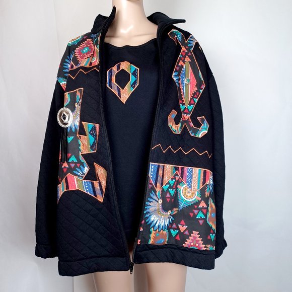 RAFAEL Jackets & Blazers - Rafael Womens Black Southwestern Jacket & T-Shirt Large Conchos Liner Zip Up Vtg